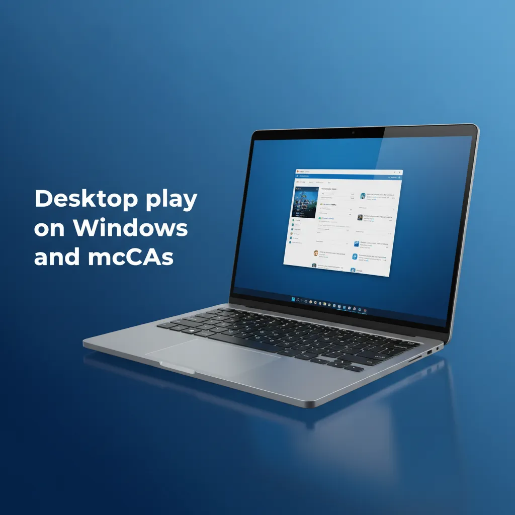 Graphic showing Windows and macOS desktop client and website play options, with steps to download, install, log in, and pin.