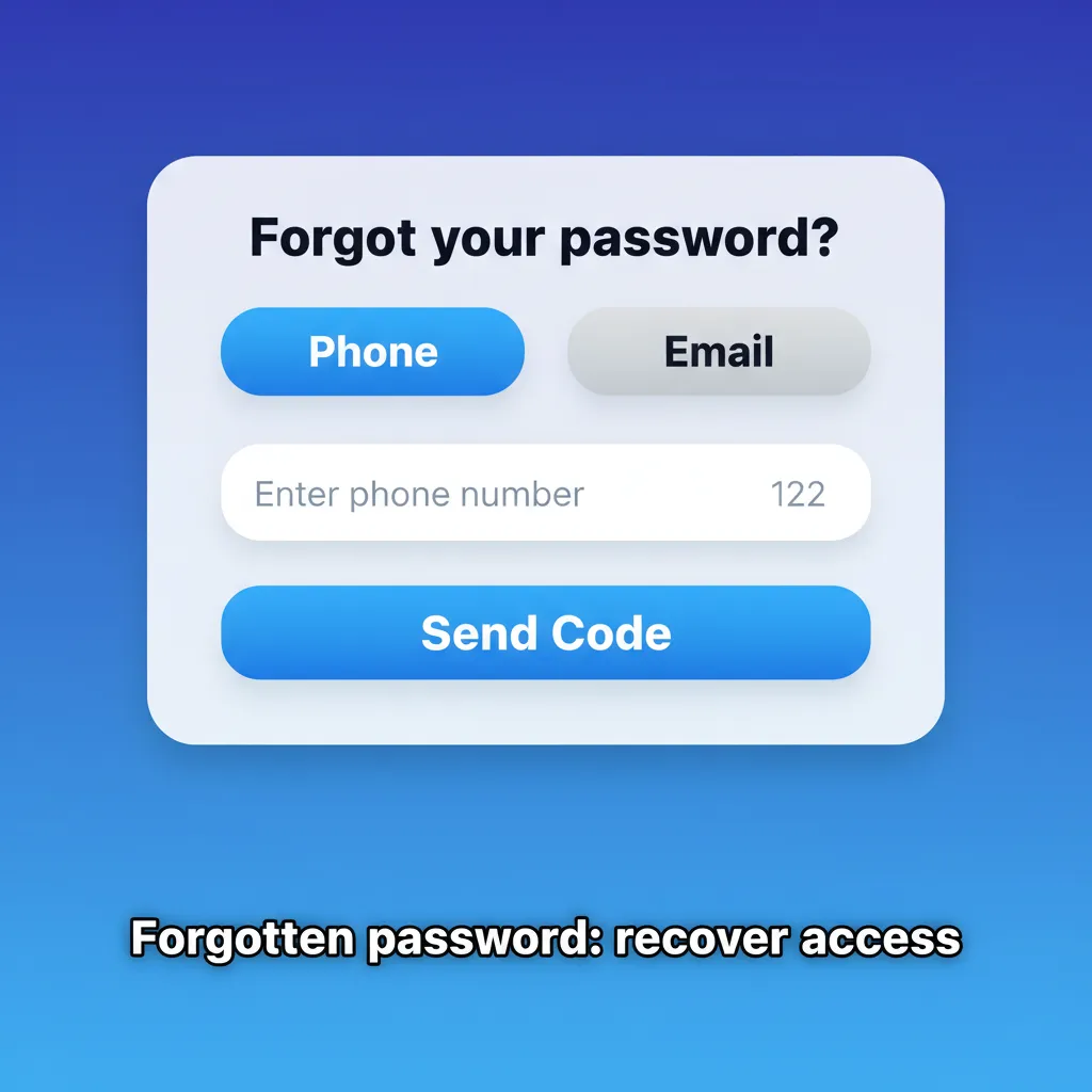 Forgot password steps: tap Forgot password, choose email or SMS, follow link/code, set new password; support if 2FA fails.