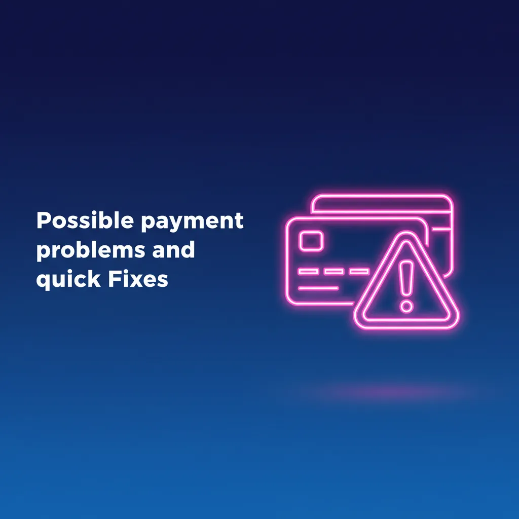 Infographic of payment problems and quick fixes: card declined, 3D Secure failed, crypto delayed, name mismatch, limits.