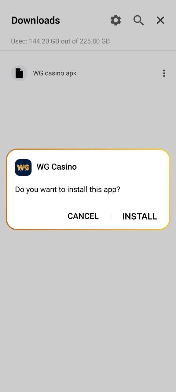 Install the application file and grant security permissions for WG casino.