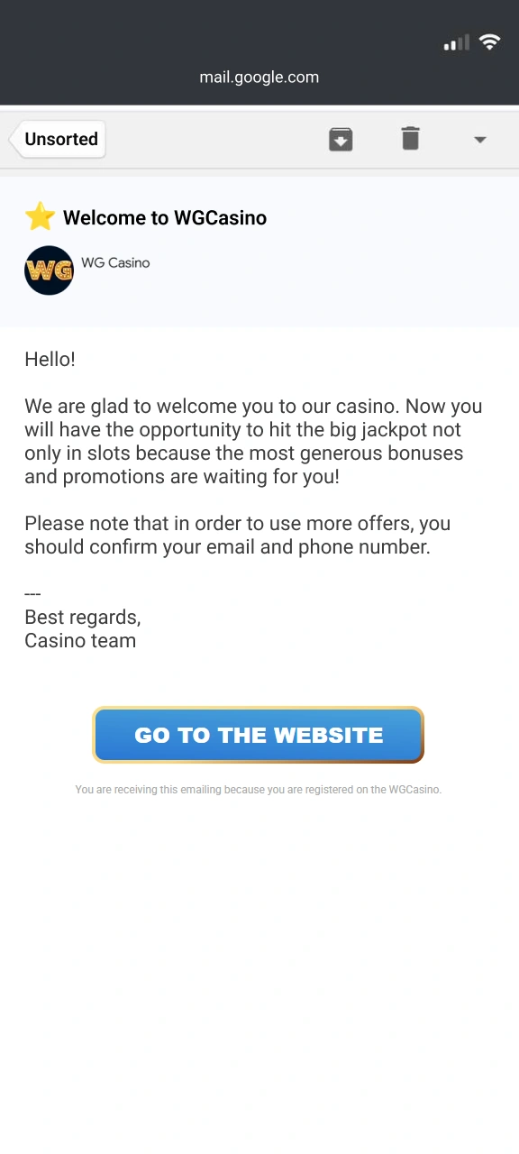 Complete registration and verify your email address to access WG casino.