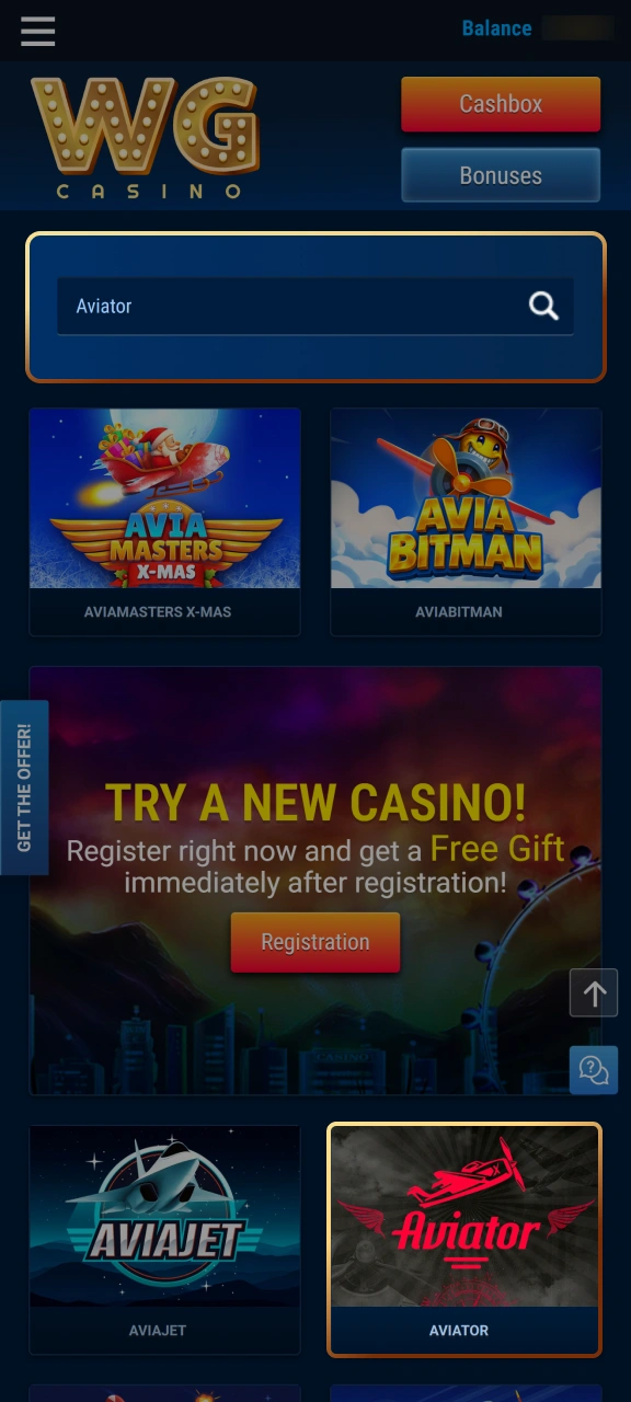 Locate Aviator in the games lobby to launch it on WG casino.