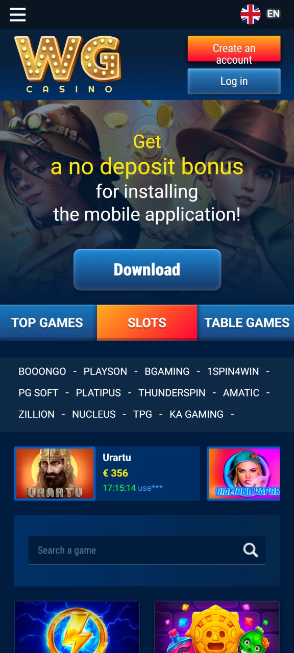 Play online slots and table games at WG casino.