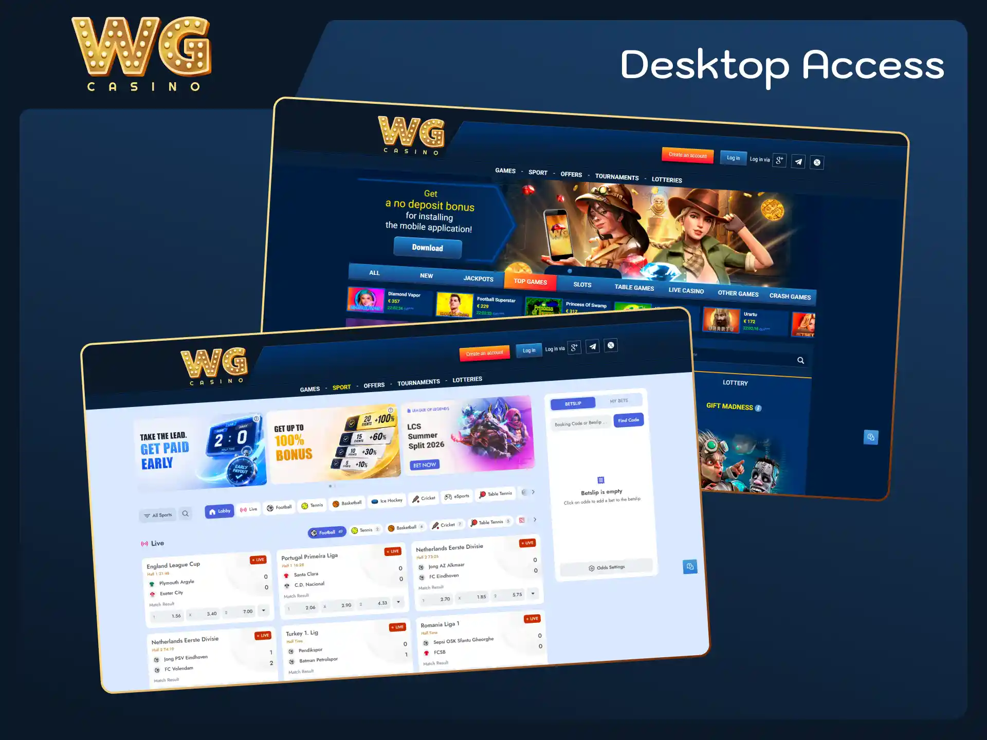 Play smoothly from your computer desktop using WG casino.