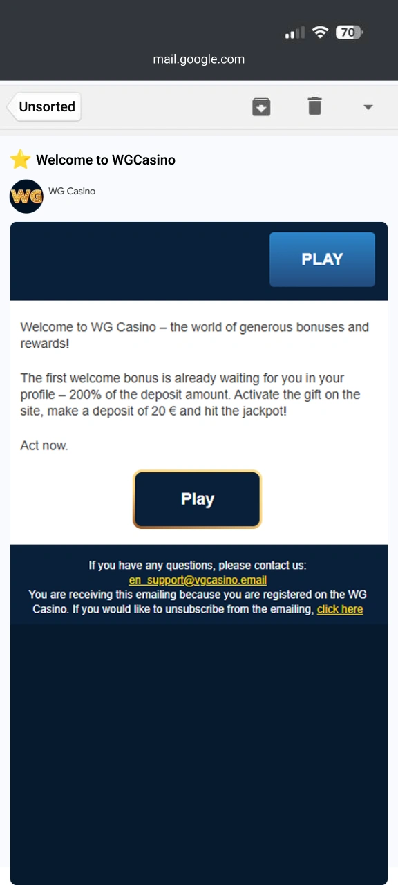 Validate your registration link via SMS or email at WG casino.