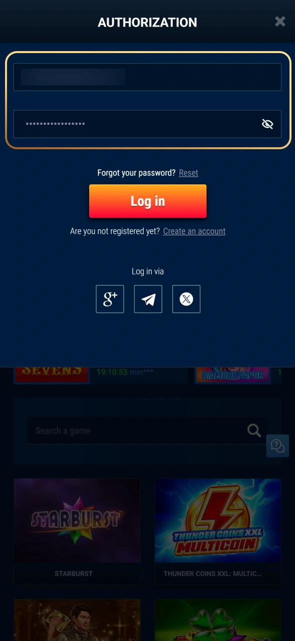 Enter your registered credentials to log into your WG casino account.