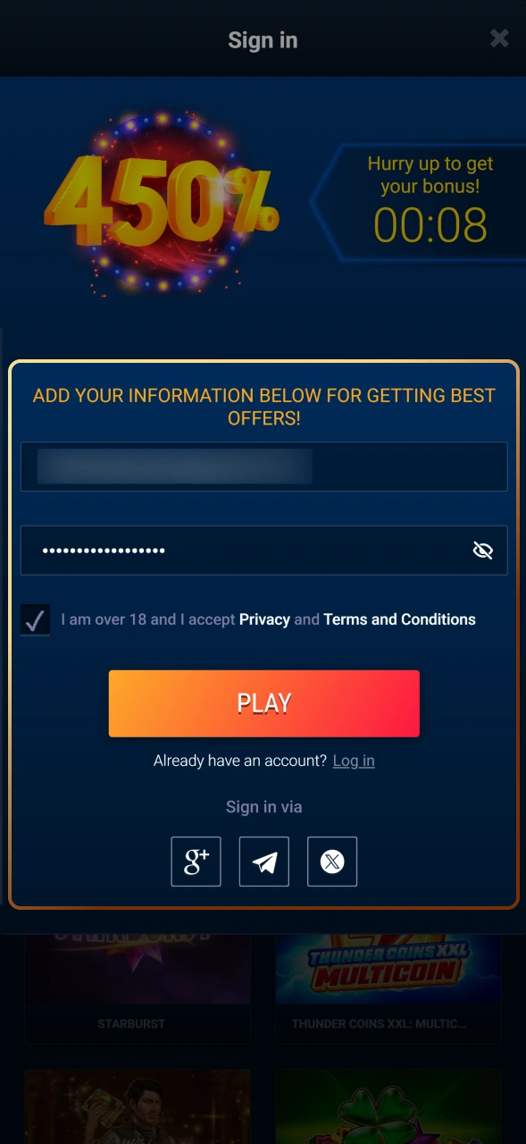 Fill in your personal contact details to register on WG casino.