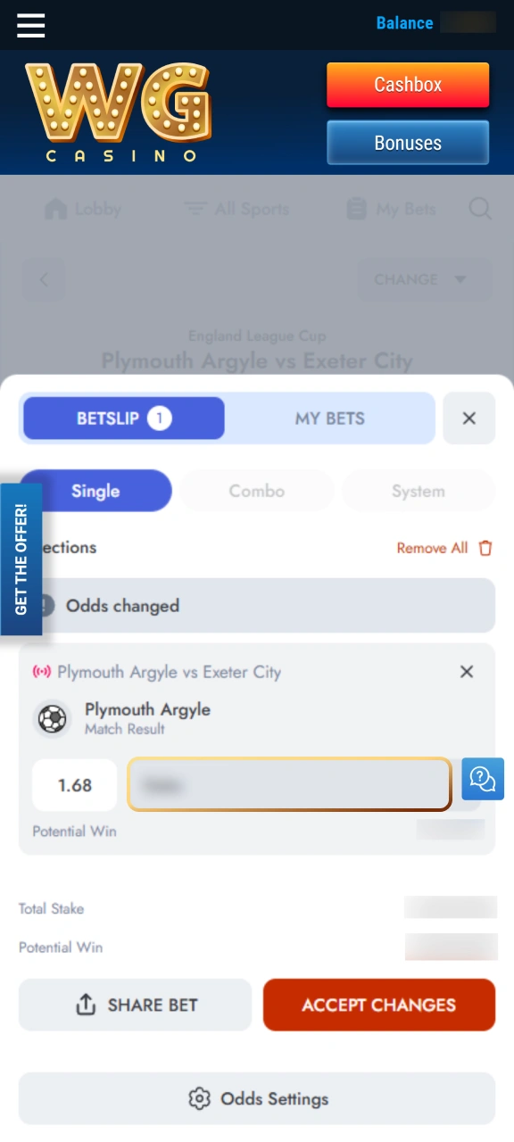 Type your stake amount and place your sports bet on WG casino.