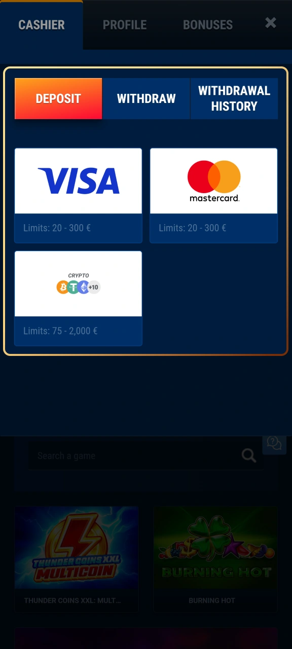 Top up your balance using secure debit cards at WG casino.