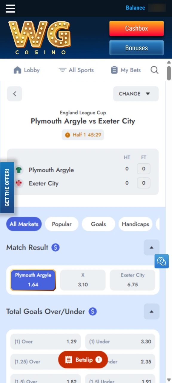 Select your preferred sports event and betting market at WG casino.