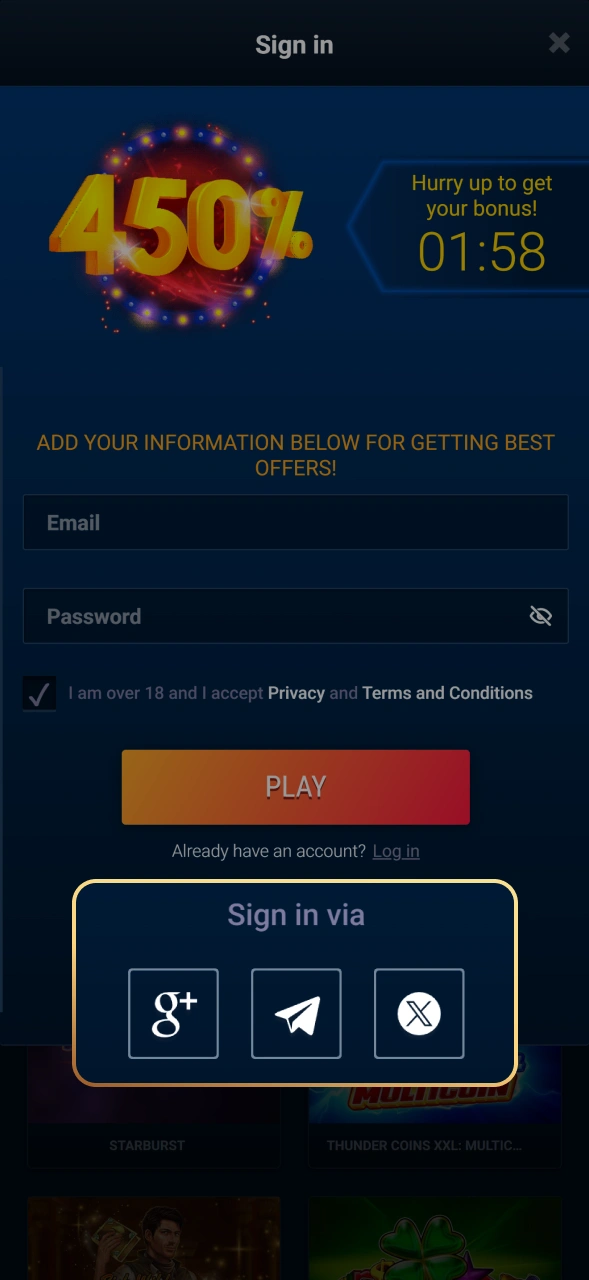 Select fast social signup options to create your WG casino profile.