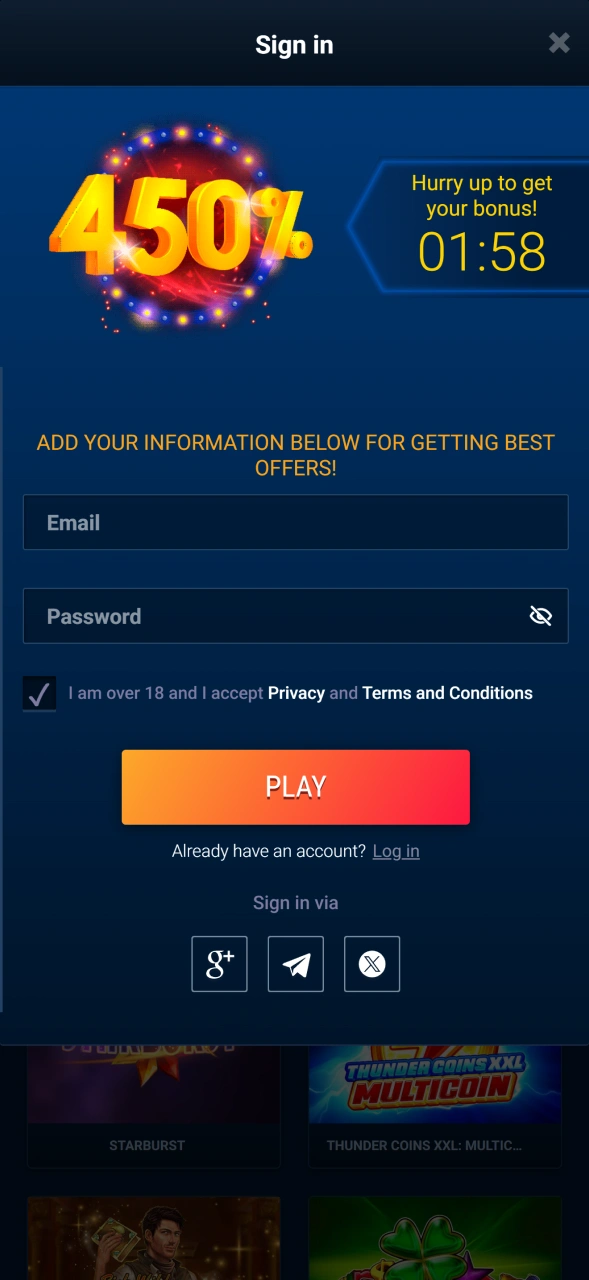 Open the official signup page to join WG casino.