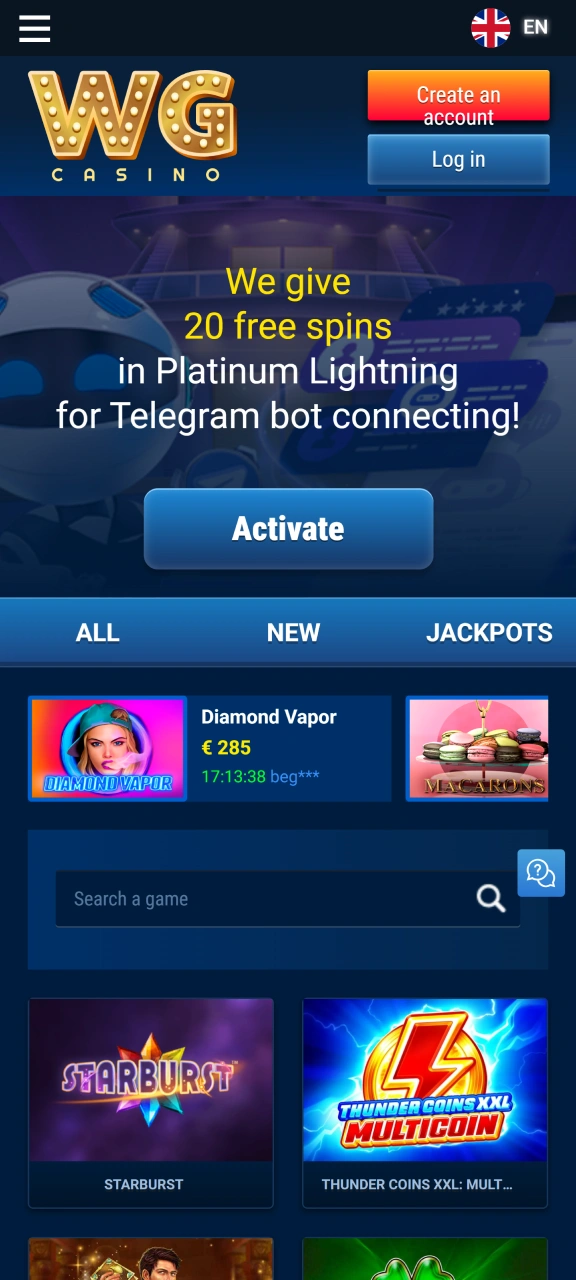Explore the main homepage interface of WG casino.
