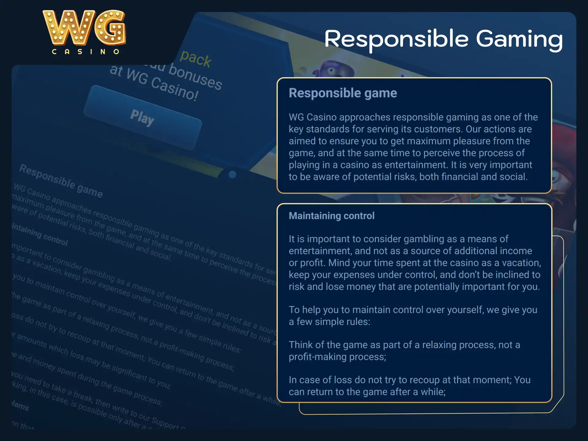 Set personal gaming limits to ensure safe gambling at WG casino.