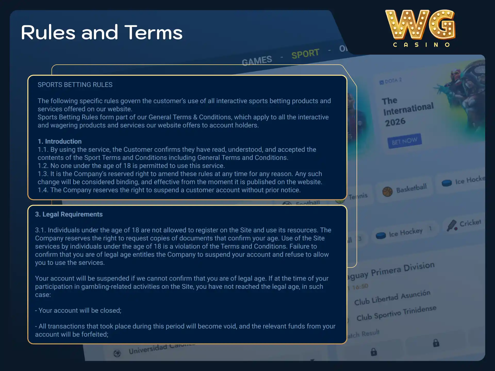 Review essential betting terms and conditions before wagering at WG casino.