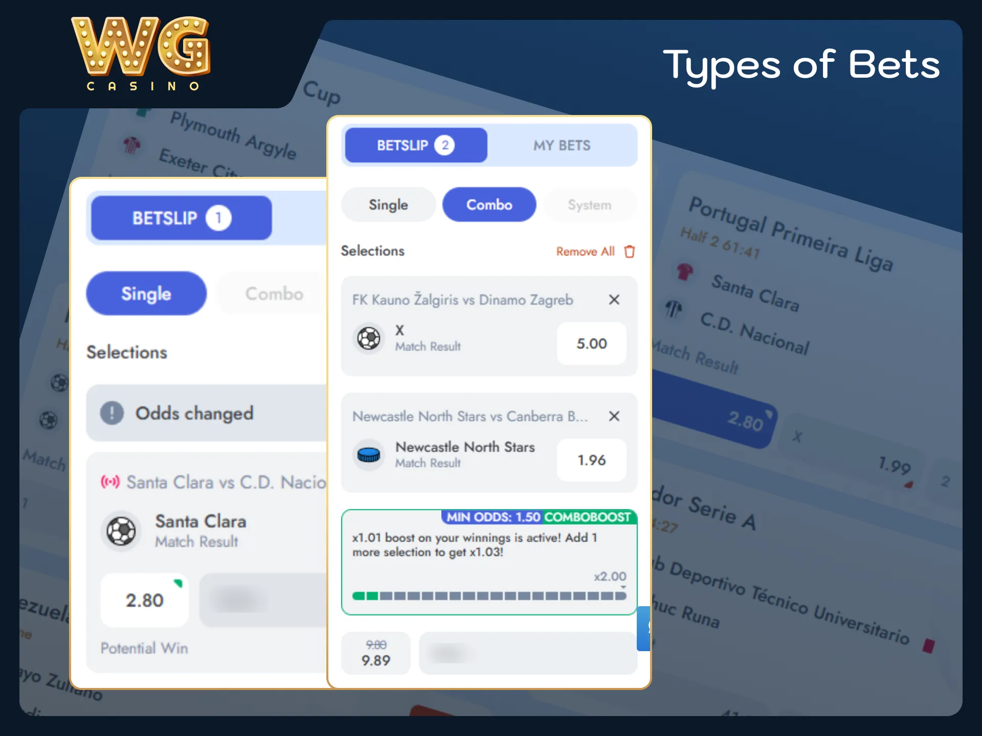 Choose single, accumulator, or system bets on WG casino.