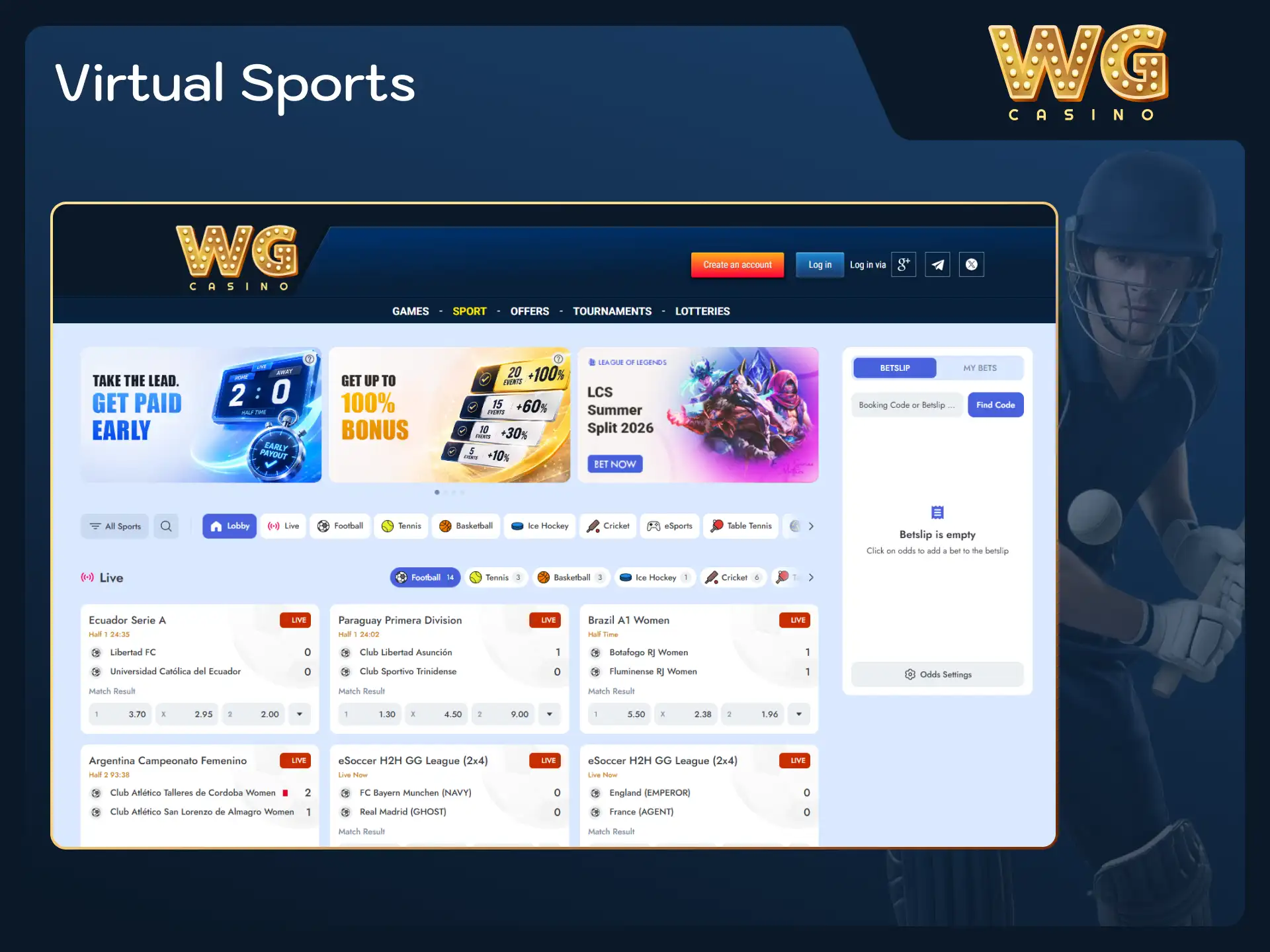 Try fast-paced virtual sports betting for instant results at WG casino.
