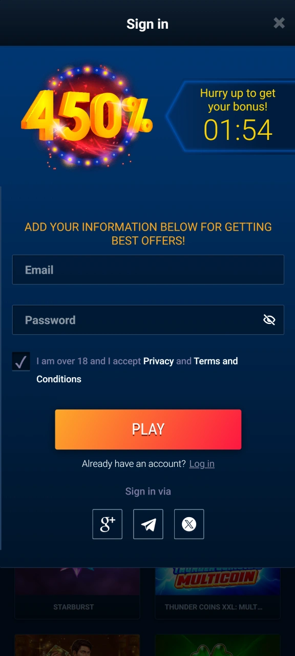 Create your new account to join WG casino.