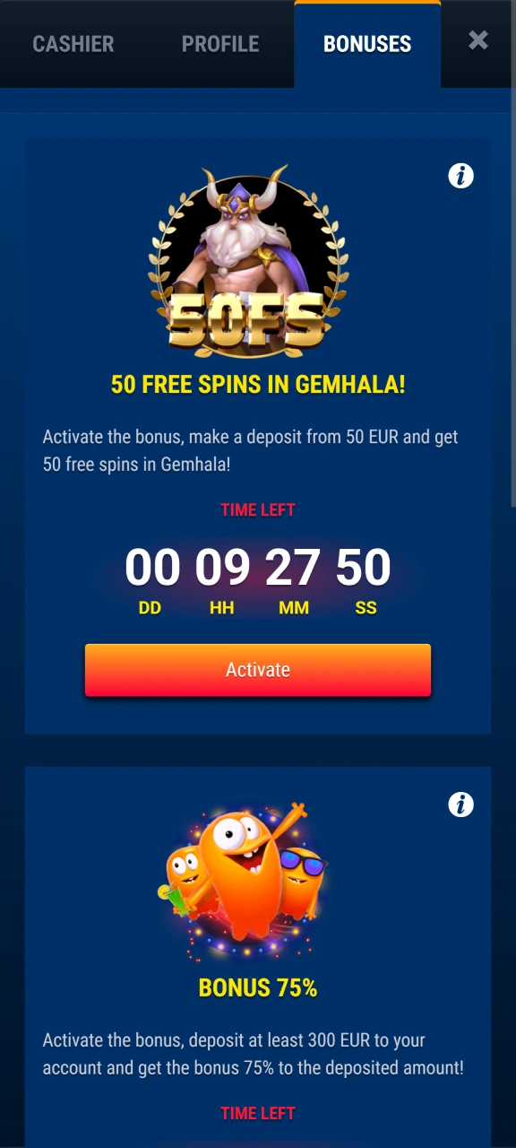 Activate your bonus offer in your WG casino profile.
