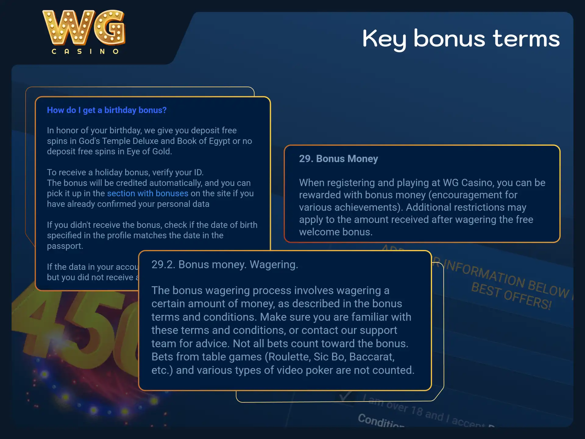 Review the wagering requirements and bonus conditions at WG casino.