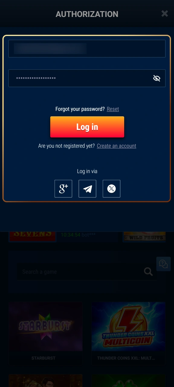 Log in to your personal profile to top up at WG casino.