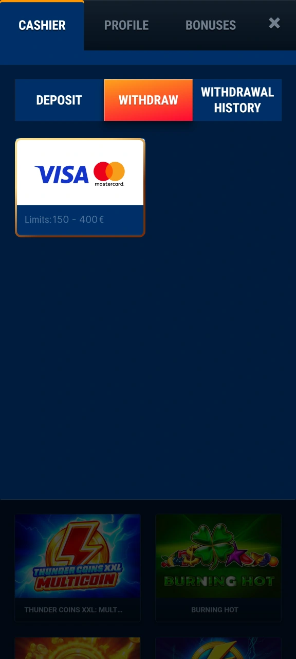 Choose a payout method and type the payout amount on WG casino.