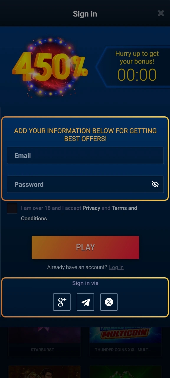 Select your preferred mobile sign-up method on WG casino.