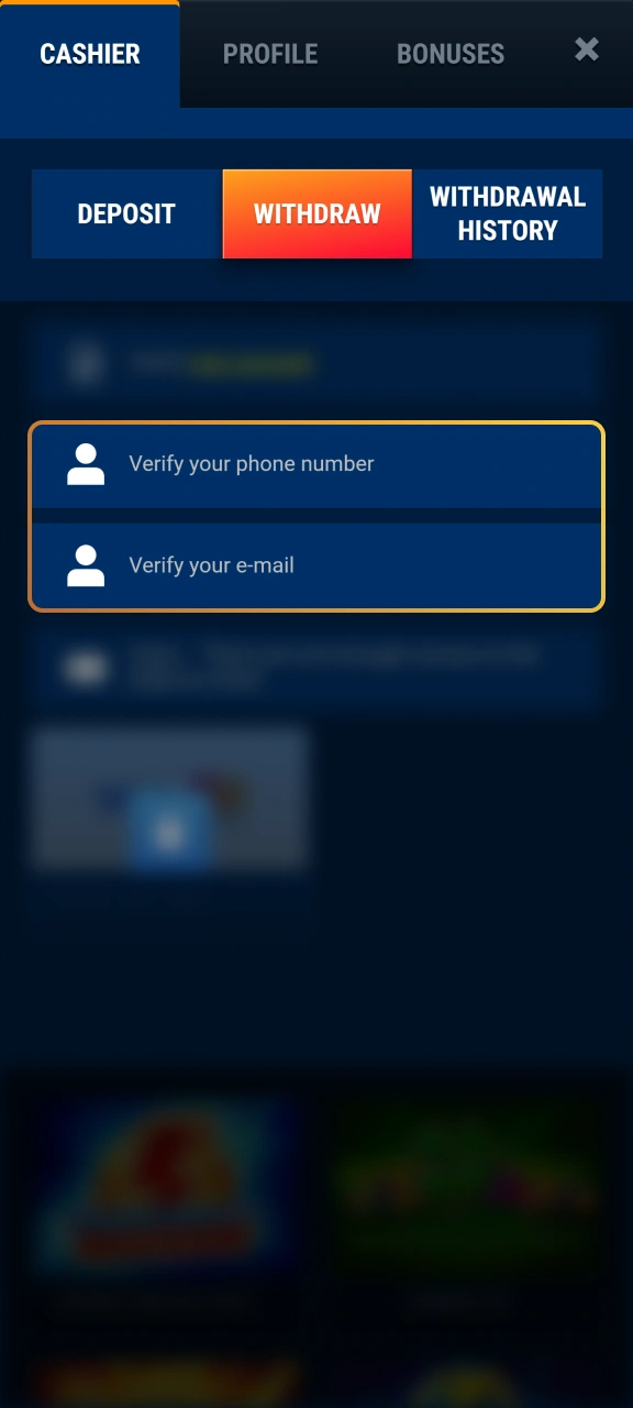 Confirm your mobile number or email for your WG casino profile.