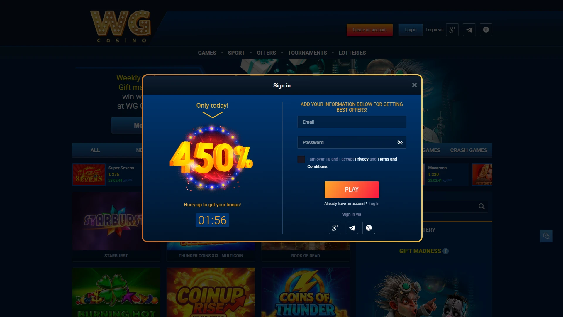 Open the registration form to start playing at WG casino.