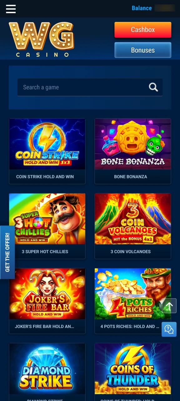 Visit the main slot catalog to pick games on WG casino.